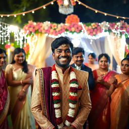 A joyful wedding scene featuring a Black Indian man in traditional wedding attire, adorned with intricate patterns and vibrant colors