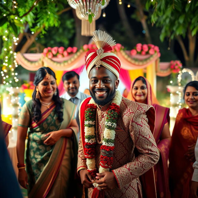 A joyful wedding scene featuring a Black Indian man in traditional wedding attire, adorned with intricate patterns and vibrant colors