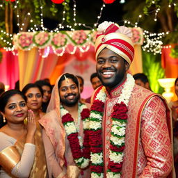 A joyful wedding scene featuring a Black Indian man in traditional wedding attire, adorned with intricate patterns and vibrant colors