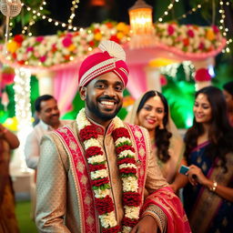 A joyful wedding scene featuring a Black Indian man in traditional wedding attire, adorned with intricate patterns and vibrant colors