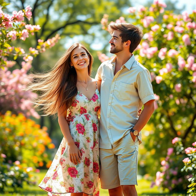 A beautiful and artistic representation of a young woman and a young man standing together in a lush, vibrant outdoor setting