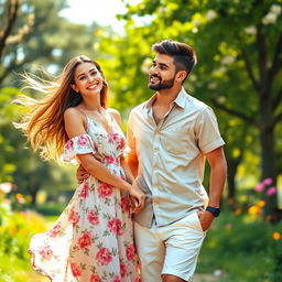 A beautiful and artistic representation of a young woman and a young man standing together in a lush, vibrant outdoor setting