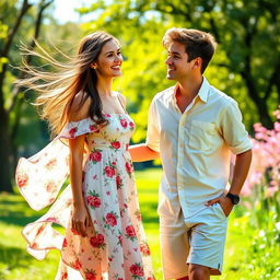 A beautiful and artistic representation of a young woman and a young man standing together in a lush, vibrant outdoor setting