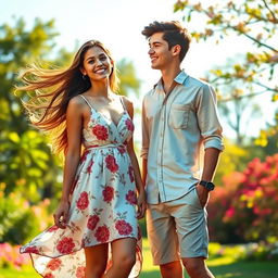 A beautiful and artistic representation of a young woman and a young man standing together in a lush, vibrant outdoor setting