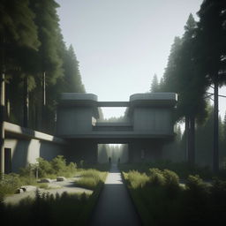 entrance of futuristic maximum-security penitentiary in the middle of forest in broad daylight based on https://files.dreamhome.software/files/static/36926