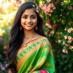 A portrait of a beautiful Indian girl with long, flowing black hair, wearing a vibrant traditional saree adorned with intricate gold embroidery and rich colors