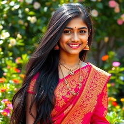 A portrait of a beautiful Indian girl with long, flowing black hair, wearing a vibrant traditional saree adorned with intricate gold embroidery and rich colors