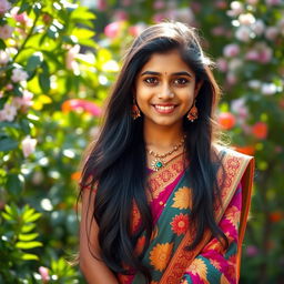 A portrait of a beautiful Indian girl with long, flowing black hair, wearing a vibrant traditional saree adorned with intricate gold embroidery and rich colors