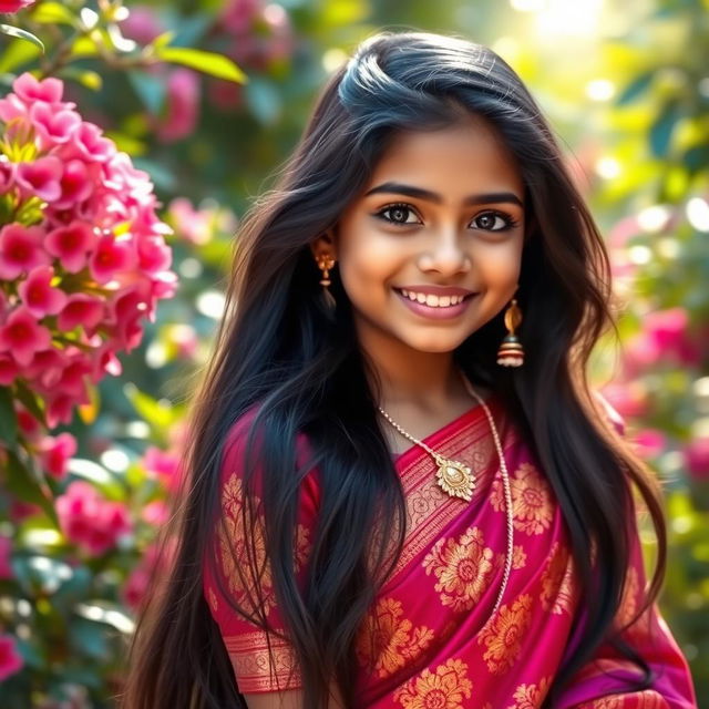 A portrait of a beautiful Indian girl with long, flowing black hair, wearing a vibrant traditional saree adorned with intricate gold embroidery and rich colors