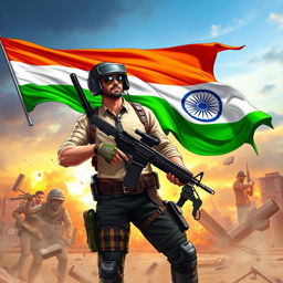 An illustration featuring a vibrant Indian flag gracefully waving in the background, with a detailed PUBG character in the foreground