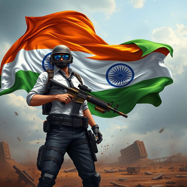 An illustration featuring a vibrant Indian flag gracefully waving in the background, with a detailed PUBG character in the foreground