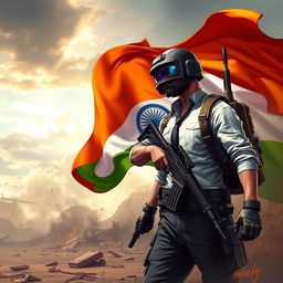 An illustration featuring a vibrant Indian flag gracefully waving in the background, with a detailed PUBG character in the foreground