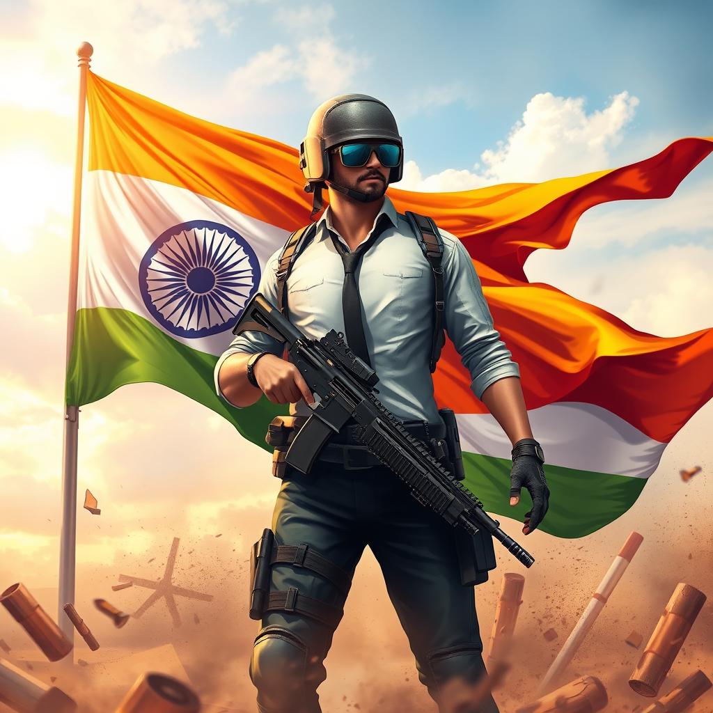 An illustration featuring a vibrant Indian flag gracefully waving in the background, with a detailed PUBG character in the foreground