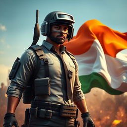 A stunning digital artwork of a PUBG character standing confidently in a battleground, with the Indian flag's colors - saffron, white, and green - artistically blending in the background