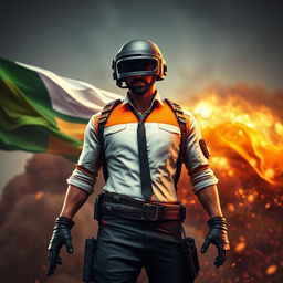 A stunning digital artwork of a PUBG character standing confidently in a battleground, with the Indian flag's colors - saffron, white, and green - artistically blending in the background