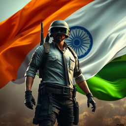 A stunning digital artwork of a PUBG character standing confidently in a battleground, with the Indian flag's colors - saffron, white, and green - artistically blending in the background