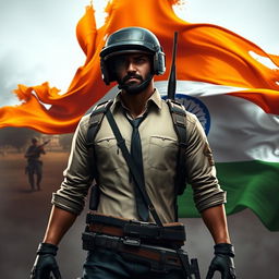 A stunning digital artwork of a PUBG character standing confidently in a battleground, with the Indian flag's colors - saffron, white, and green - artistically blending in the background