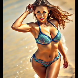 A sexy and erotic woman with an hourglass figure, wearing a stylish bikini that accentuates her curves