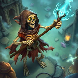 A detailed and dynamic illustration of a skeleton character designed for a top-down video game perspective