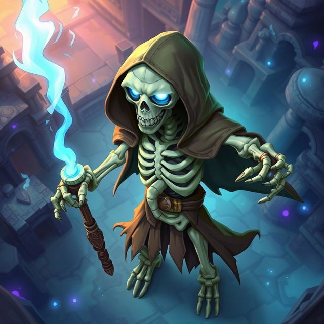 A detailed and dynamic illustration of a skeleton character designed for a top-down video game perspective