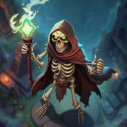 A detailed and dynamic illustration of a skeleton character designed for a top-down video game perspective