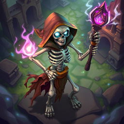 A detailed and dynamic illustration of a skeleton character designed for a top-down video game perspective