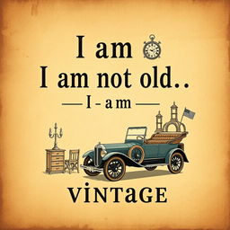 An illustration featuring a vintage-style text design that reads "I am not old I am vintage" in a classic, elegant font