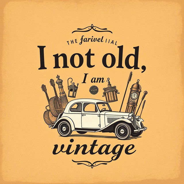 An illustration featuring a vintage-style text design that reads "I am not old I am vintage" in a classic, elegant font