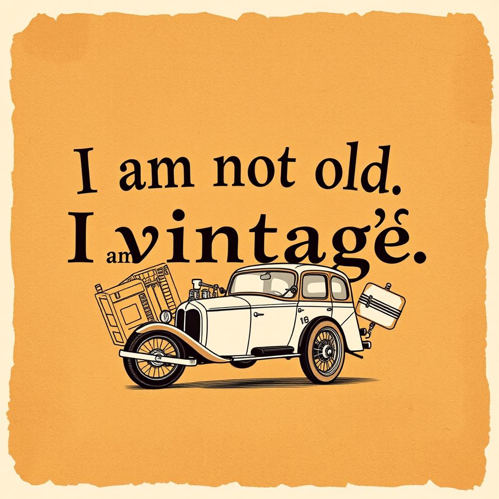 An illustration featuring a vintage-style text design that reads "I am not old I am vintage" in a classic, elegant font