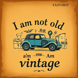 An illustration featuring a vintage-style text design that reads "I am not old I am vintage" in a classic, elegant font