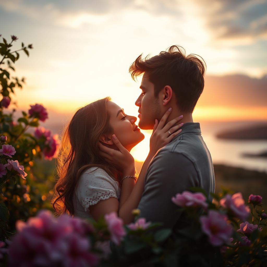 A romantic scene of two people gently kissing under a soft, glowing sunset