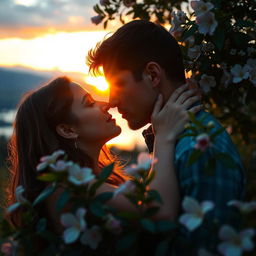 A romantic scene of two people gently kissing under a soft, glowing sunset