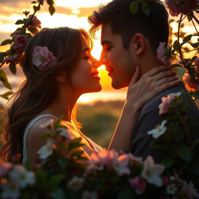 A romantic scene of two people gently kissing under a soft, glowing sunset