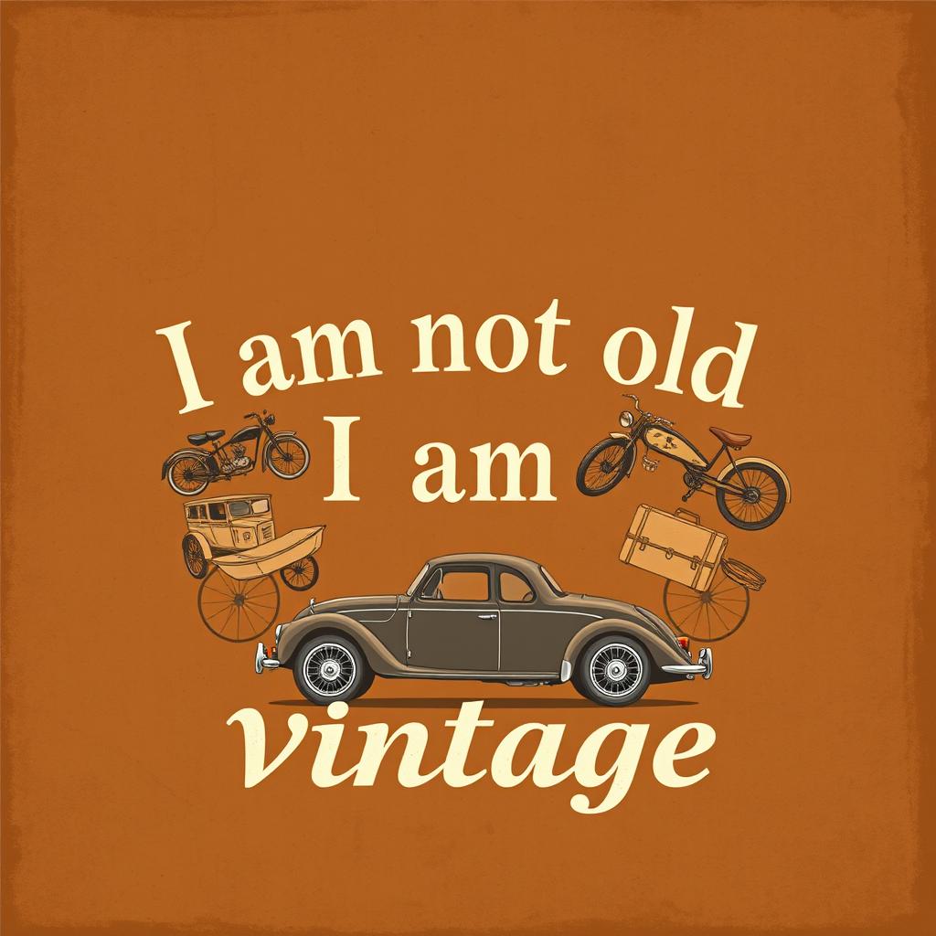 An illustration showcasing a vintage-style text design that states "I am not old I am vintage" in a classic, elegant font