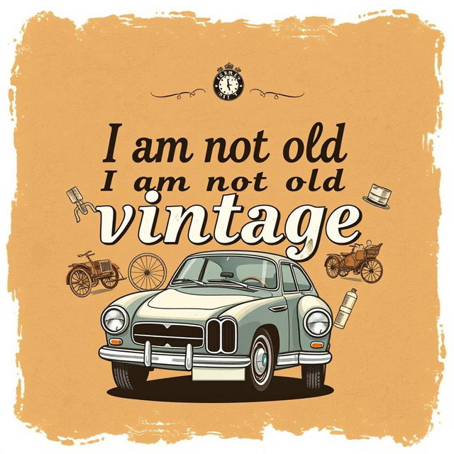 An illustration showcasing a vintage-style text design that states "I am not old I am vintage" in a classic, elegant font