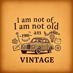 An illustration showcasing a vintage-style text design that states "I am not old I am vintage" in a classic, elegant font