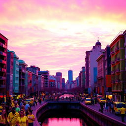 A vibrant scene showcasing a cityscape at sunset with inverted colors, where the sky is a deep, bright pink and orange gradient, and the buildings are shades of dark blue and green