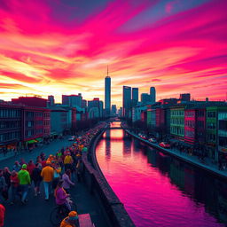A vibrant scene showcasing a cityscape at sunset with inverted colors, where the sky is a deep, bright pink and orange gradient, and the buildings are shades of dark blue and green