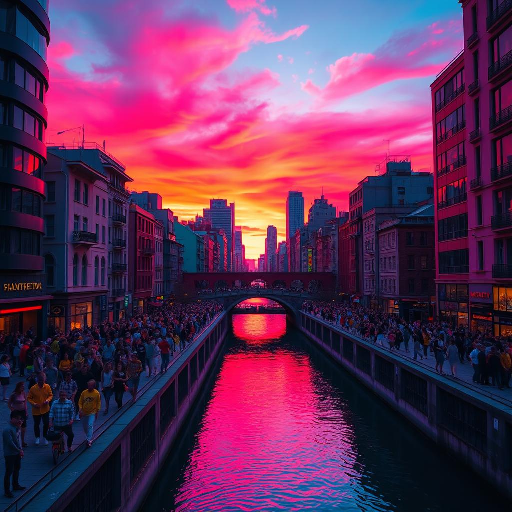 A vibrant scene showcasing a cityscape at sunset with inverted colors, where the sky is a deep, bright pink and orange gradient, and the buildings are shades of dark blue and green