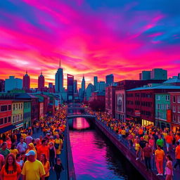 A vibrant scene showcasing a cityscape at sunset with inverted colors, where the sky is a deep, bright pink and orange gradient, and the buildings are shades of dark blue and green