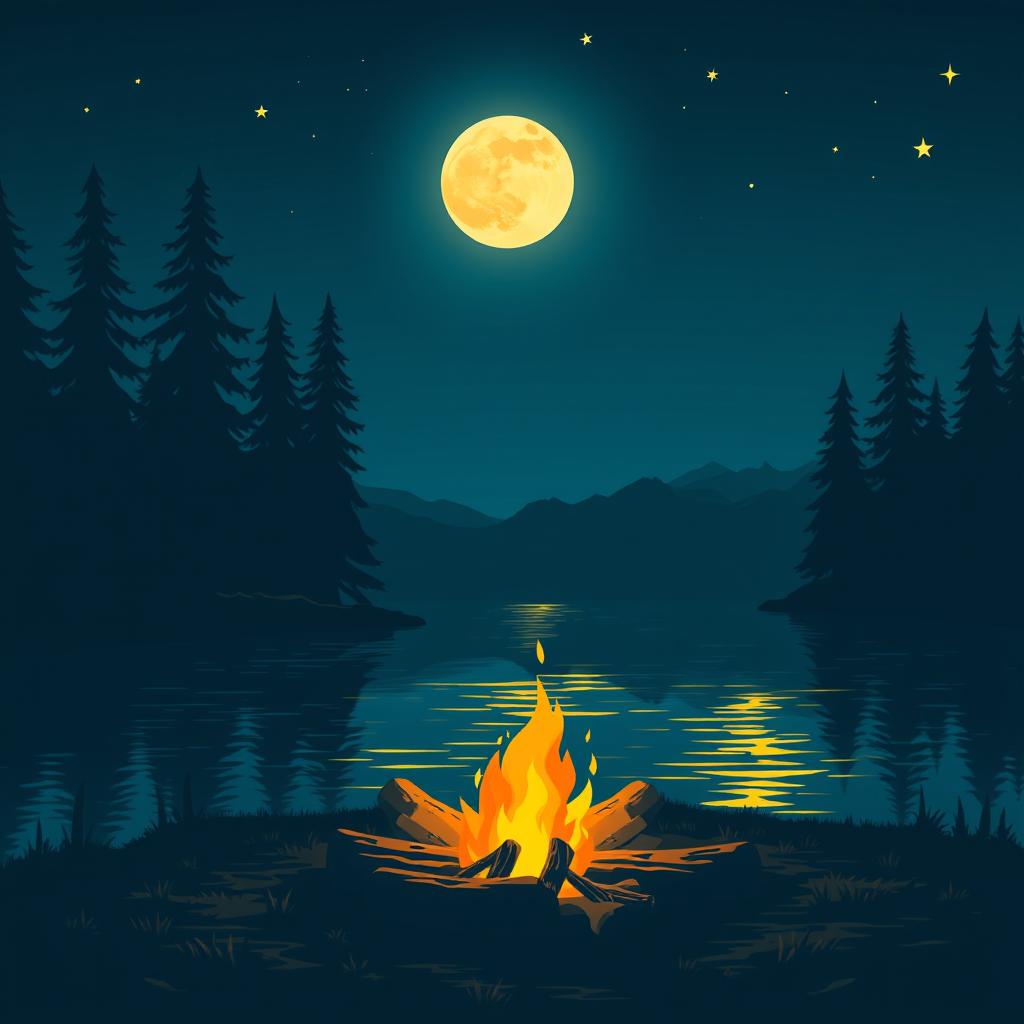 A serene nighttime landscape featuring a glowing full moon illuminating a tranquil lake surrounded by tall, shadowy pine trees