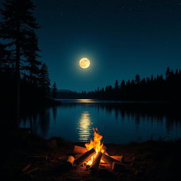 A serene nighttime landscape featuring a glowing full moon illuminating a tranquil lake surrounded by tall, shadowy pine trees