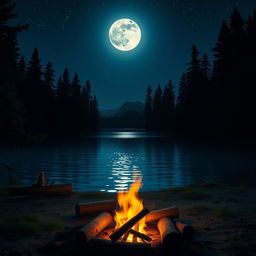 A serene nighttime landscape featuring a glowing full moon illuminating a tranquil lake surrounded by tall, shadowy pine trees