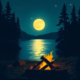 A serene nighttime landscape featuring a glowing full moon illuminating a tranquil lake surrounded by tall, shadowy pine trees