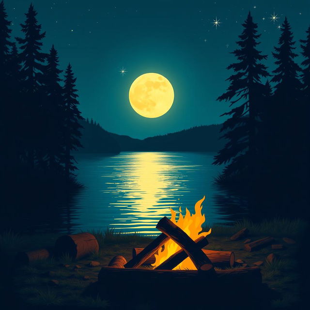 A serene nighttime landscape featuring a glowing full moon illuminating a tranquil lake surrounded by tall, shadowy pine trees