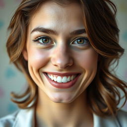A close-up, beautifully lit portrait of a person with a warm and cheerful smile, showing white teeth