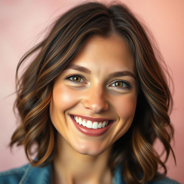 A close-up, beautifully lit portrait of a person with a warm and cheerful smile, showing white teeth