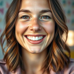 A close-up, beautifully lit portrait of a person with a warm and cheerful smile, showing white teeth