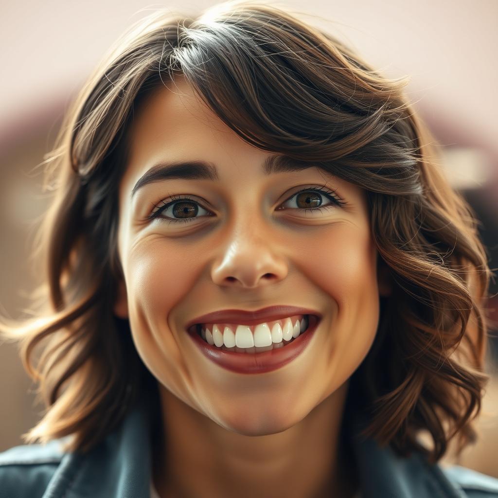 A close-up, beautifully lit portrait of a person with a warm and cheerful smile, showing white teeth