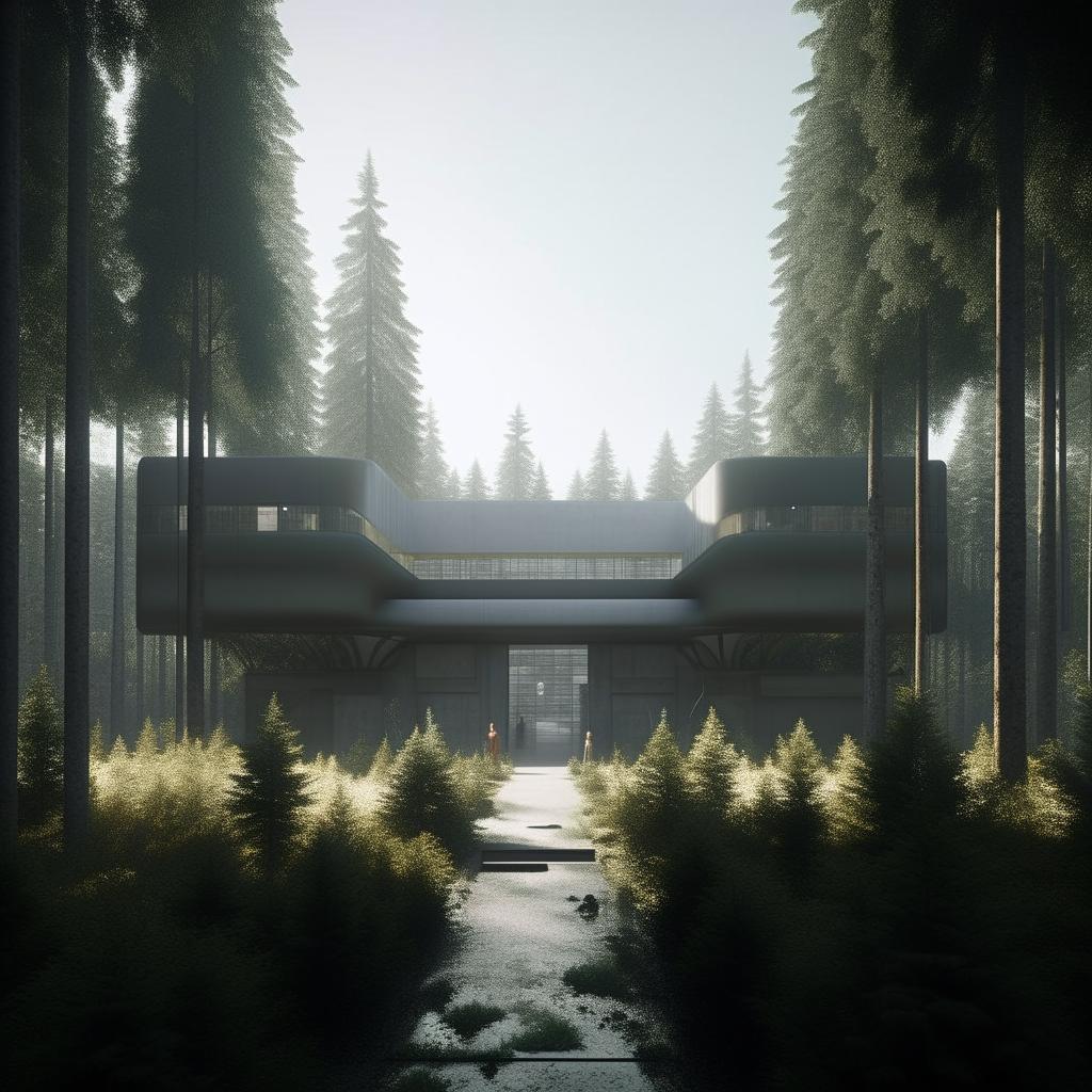 entrance of futuristic maximum-security penitentiary in the middle of forest in broad daylight based on https://files.dreamhome.software/files/static/36926